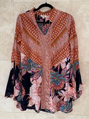 Umgee Boho Floral Peasant Blouse Bell Sleeve Mixed Print Top Size Small